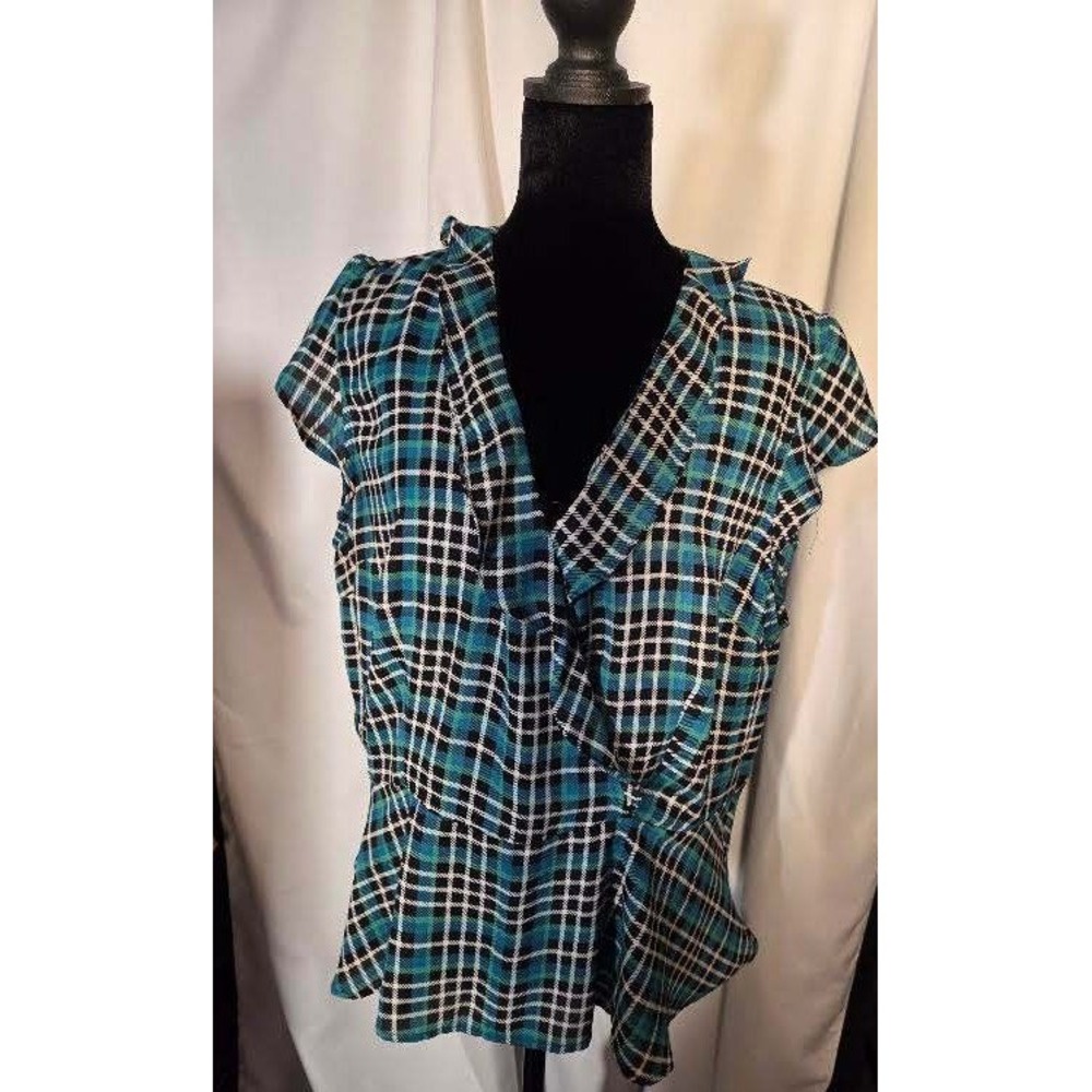 New York & Company 7th Avenue Teal Plaid Ruffle Peplum Blouse XL